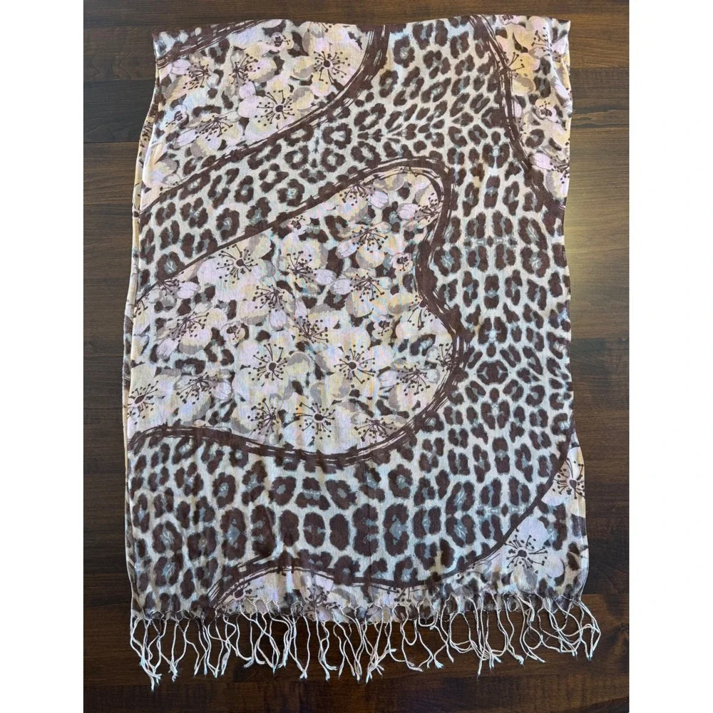 Leopard Floral Scarf Brown Pink Animal Print Fringe Wrap‎ Boho-Chic Maximalist
